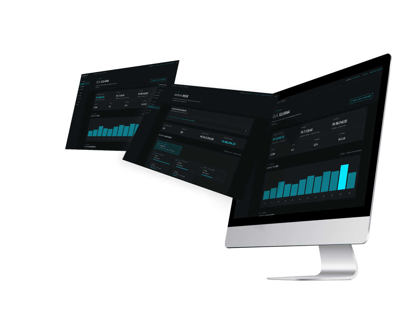 Painel do Aztom Creators em um monitor e telas flutuantes