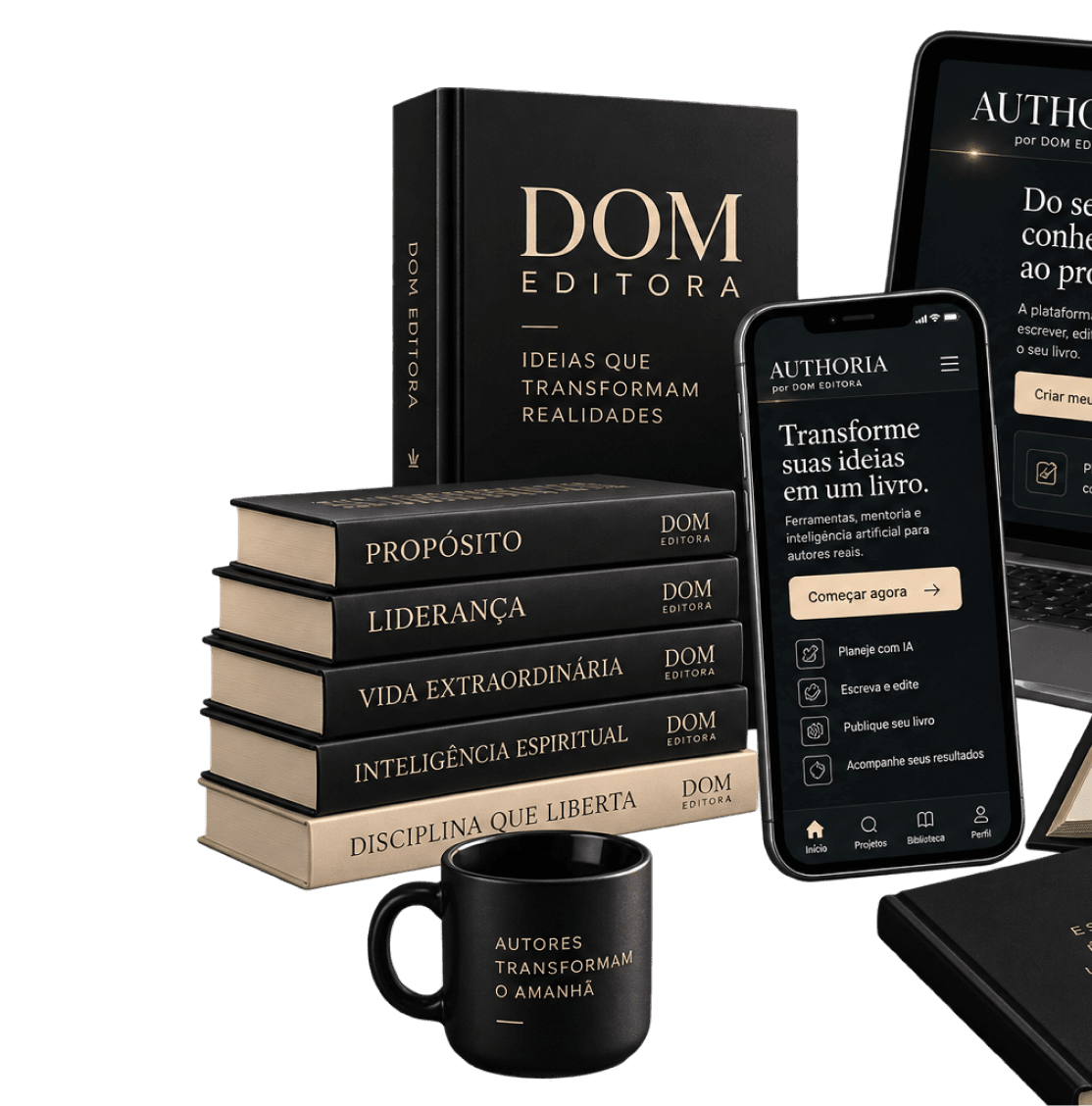 Livros, caneca e telas da Dom Editora